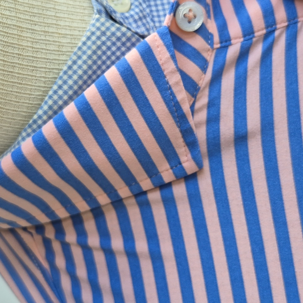 DRADDY Sport Pink Blue Striped Polyester Blend Embroidered XL Mens Golf Polo Shi - Picture 5 of 7
